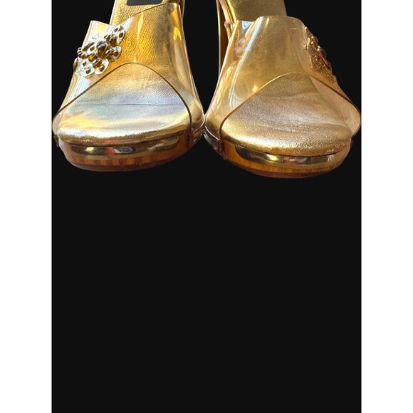 Naughty But Nice Vintage Gold Metallic Wooden Platform Slides - Size 7 - Picture 12 of 12
